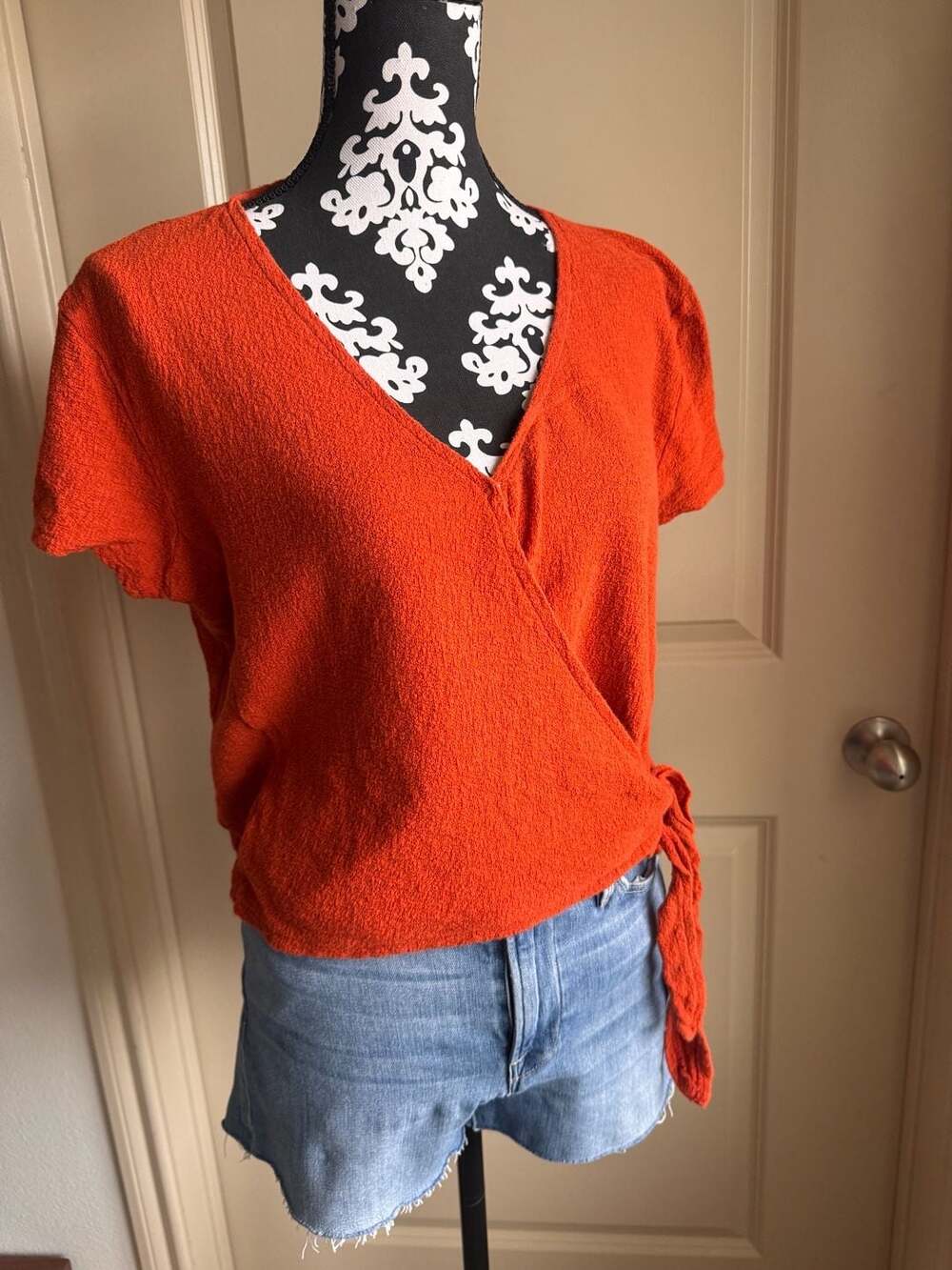 Madewell Texture & Thread Orange Wrap-Tie Short Sleeve Surplice Top